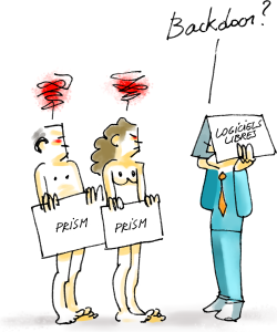 deux personnages dénudés et portant des pancartes prism regarde furieusement un personnage en costume protéger par un journal dont le titre est Logiciel libre