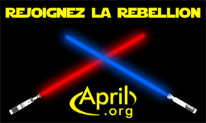 Deux sabres lasers, un rouge et un bleu, se croisent sous le titre : rejoignez la rébellion. En dessous, le logo April.org