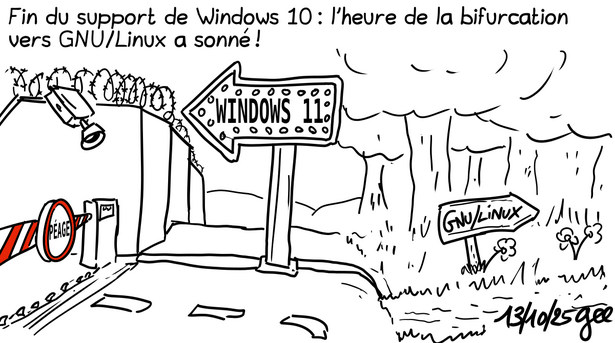 Deux dessins côte à côte, celui de gauche monde de Windows 11, celui de droite chemin forestier de Gnu/linux