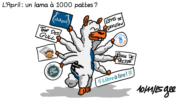Lama avec plusieurs pattes tenant chacune un projet April