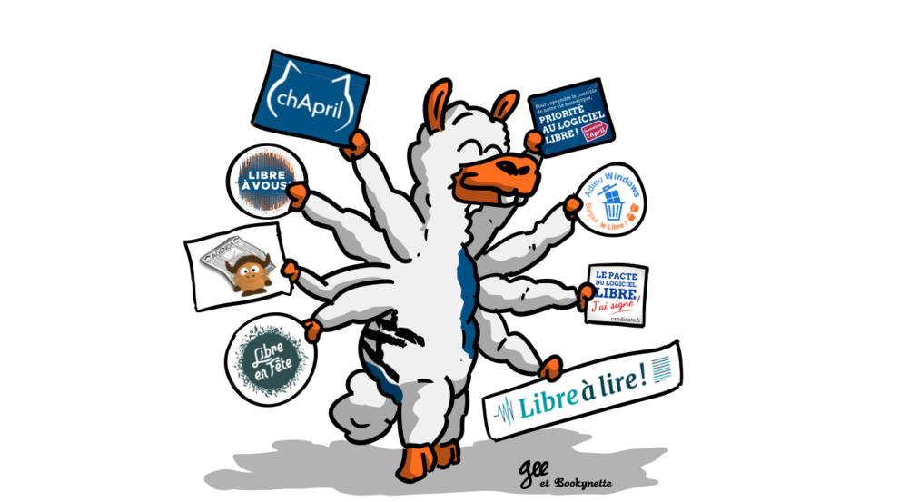 Lama déchainé avec 8 pates tenant chacune le logo d'un des projets de l'April 